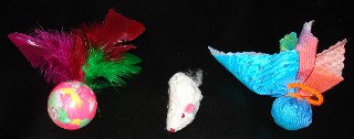 Feathered ping-pong ball, furry mouse, catnip birdie